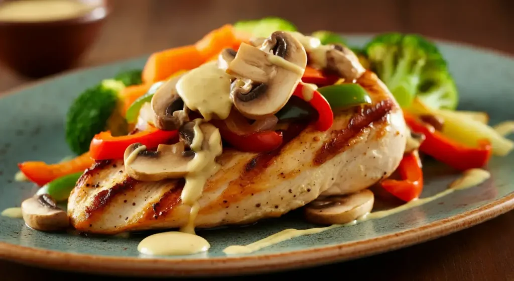 The sauce adds richness that contrasts with the grilled texture of the chicken.