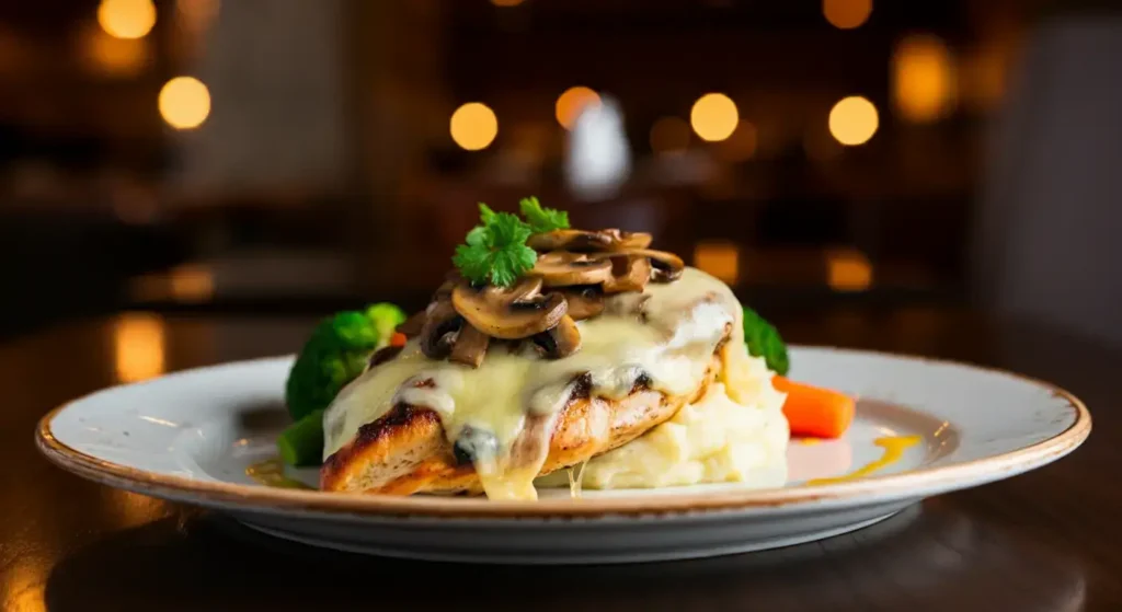 Plate of Alice Springs Chicken with grilled chicken, bacon, cheese, mushrooms, and honey mustard sauce.