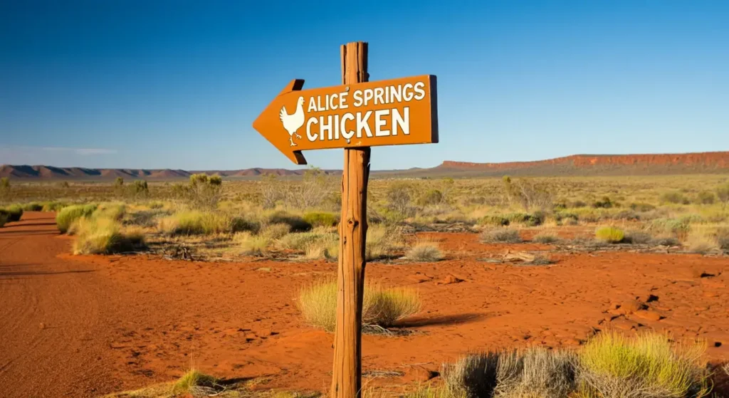 Signpost pointing towards Alice Springs, Australia, with the outback in the background.