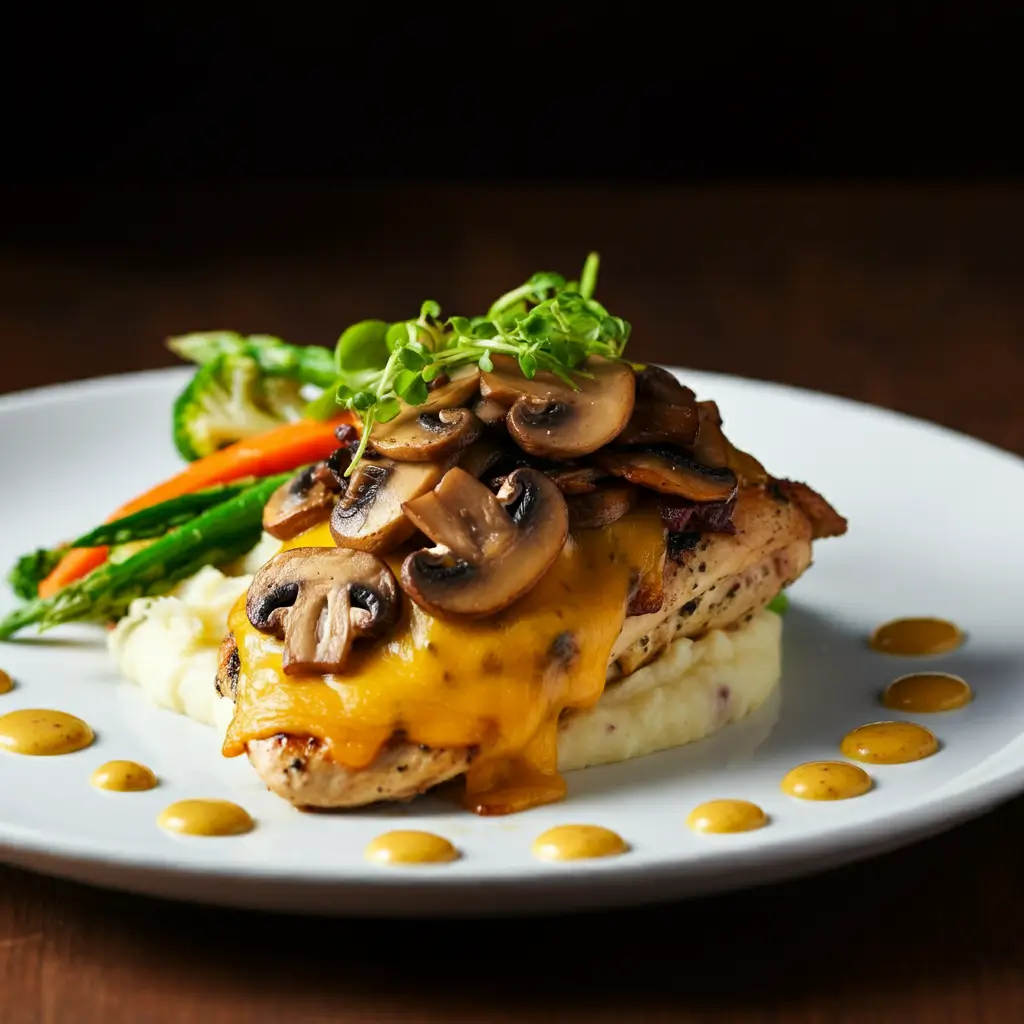 Plated Alice Springs Chicken topped with sautéed mushrooms, turkey bacon, and melted cheese, served with mashed potatoes and roasted vegetables.